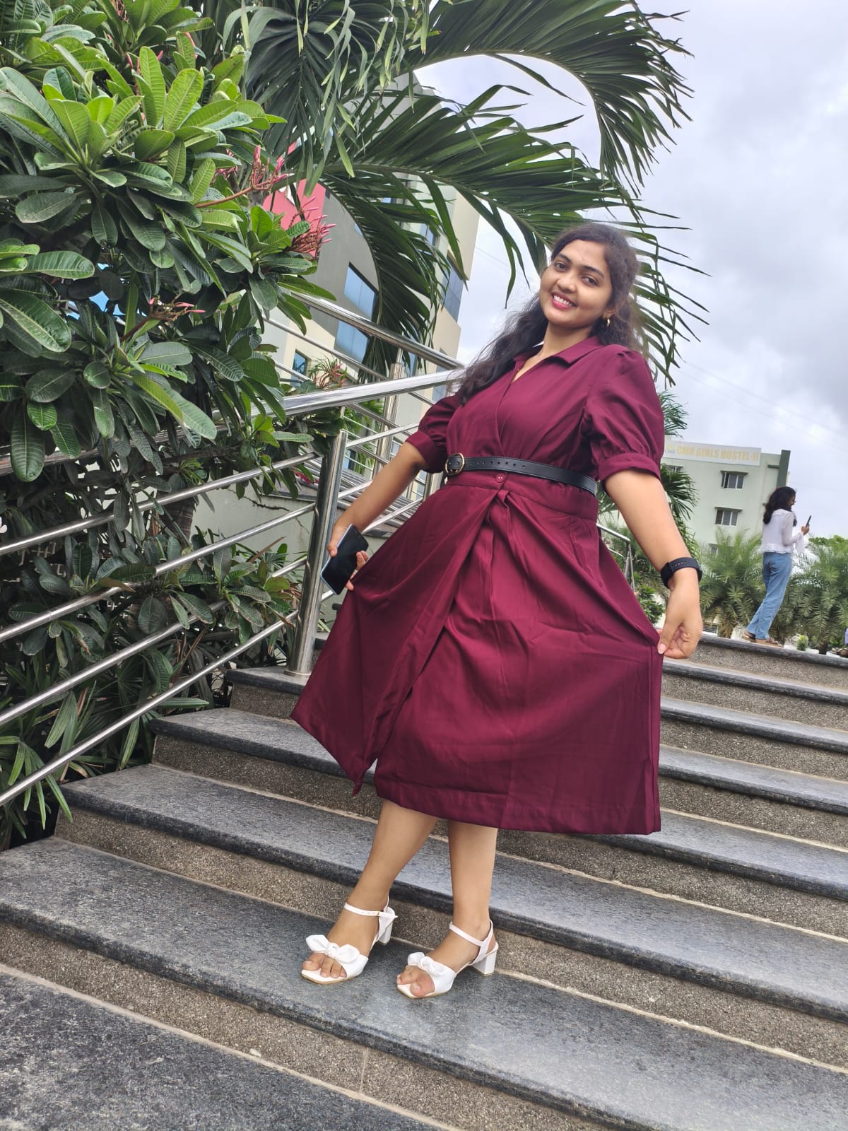 Elegant Maroon Belted Midi Dress – Party & Casual Wear