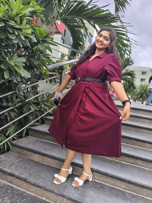 Elegant Maroon Belted Midi Dress – Party & Casual Wear