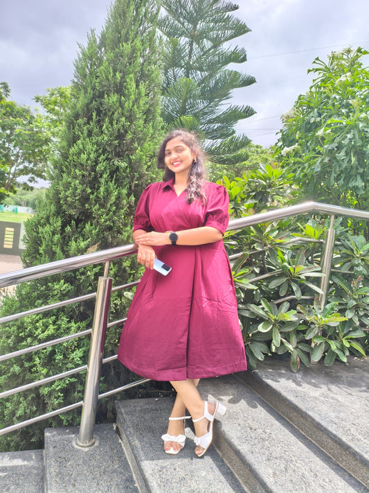 Elegant Maroon Belted Midi Dress – Party & Casual Wear